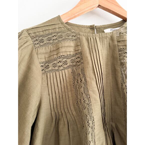 Madewell | NWT  Lace-Insert Pintucked Long-Sleeve Top Faded Ivy | Sz M - Picture 8 of 12